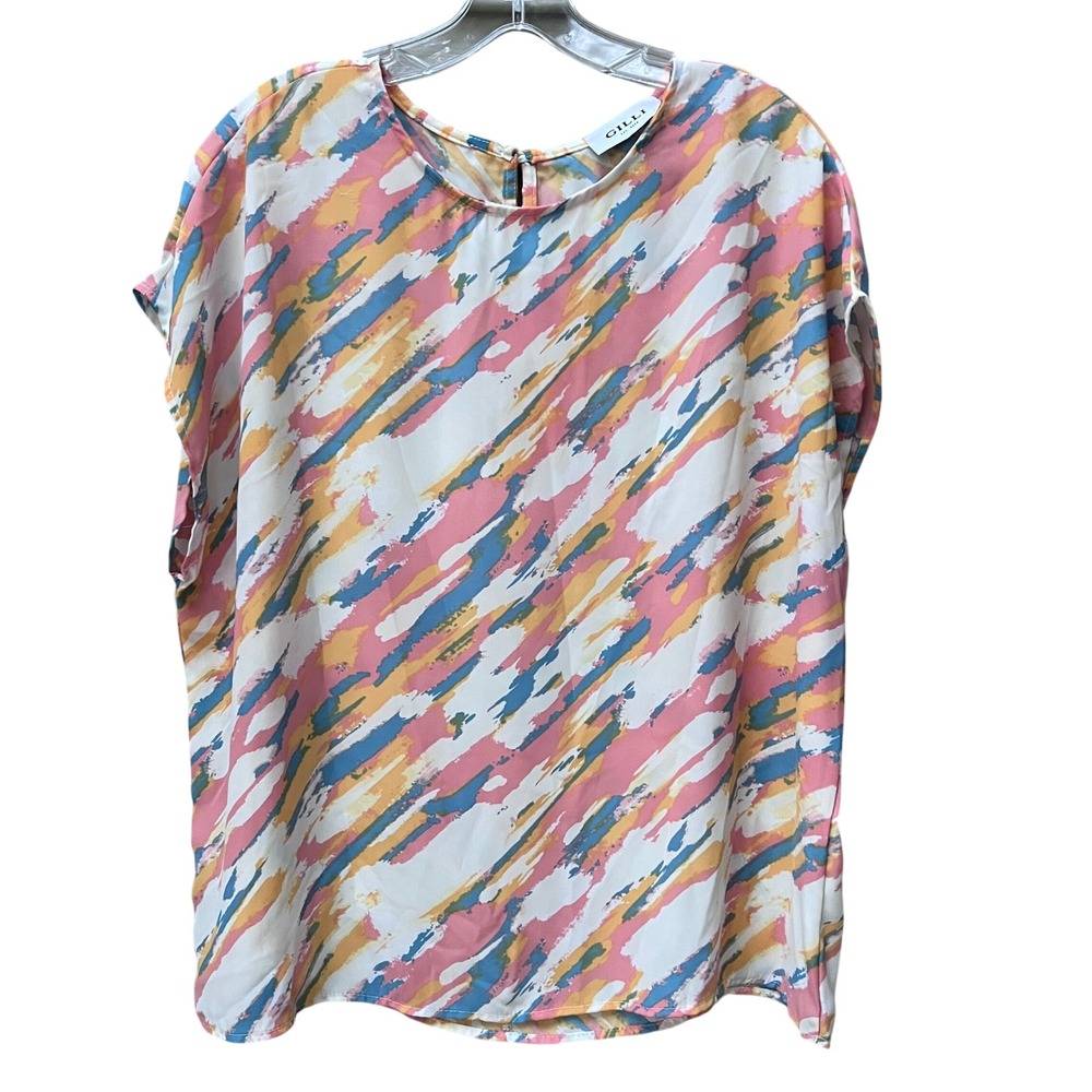 Gilli Womens Abstract Brushstroke Print Short Sleeve Keyhole Back Blouse Med